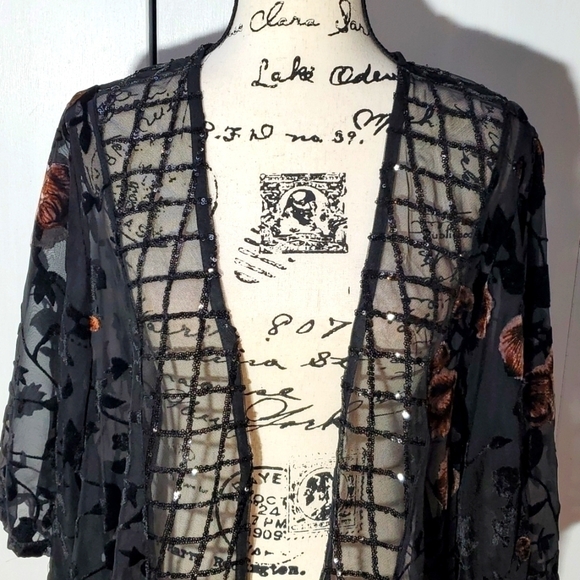 POL- Whimsigoth Black sheer open Cardigan Velvet burnout Floral sequin Sz.M/L - Picture 3 of 10